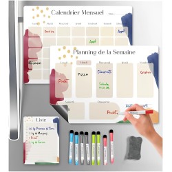 Calendrier Magnetique Frigo x3 + Accessoires - Planificateur Hebdomadaire + Mensuel + Mémo Aimanté Planning Semaine Tableau Magn
