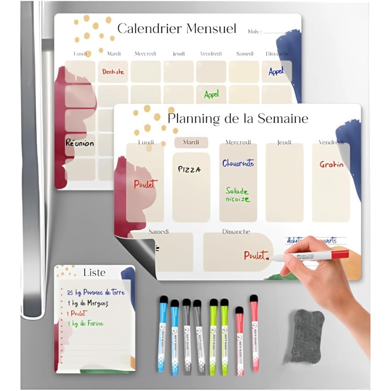 Calendrier Magnetique Frigo x3 + Accessoires - Planificateur Hebdomadaire + Mensuel + Mémo Aimanté Planning Semaine Tableau Magn
