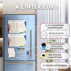 Calendrier Magnetique Frigo x3 + Accessoires - Planificateur Hebdomadaire + Mensuel + Mémo Aimanté Planning Semaine Tableau Magn
