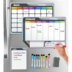 Calendrier Magnetique Frigo Blanc x3 + Accessoires - Planificateur Hebdomadaire + Mensuel + Mémo Aimanté Tableau Magnétique Plan