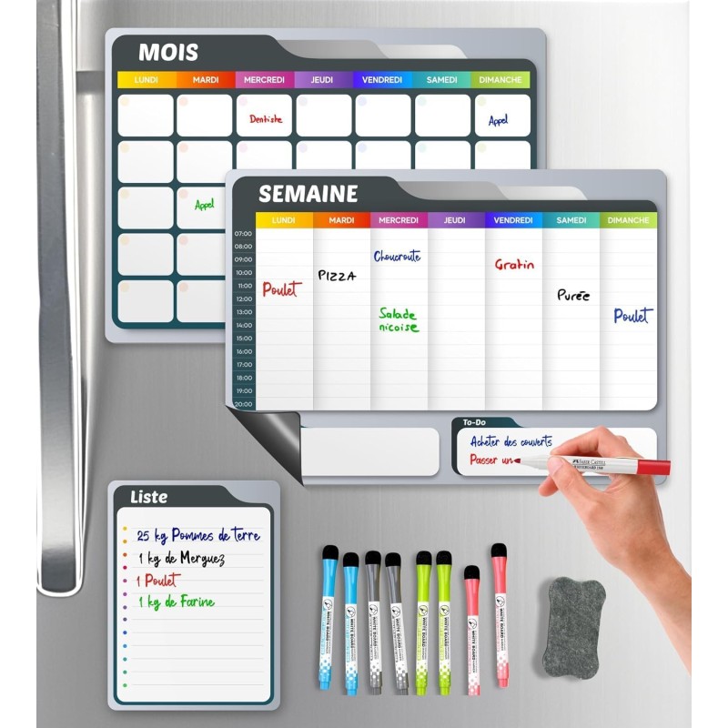 Calendrier Magnetique Frigo Blanc x3 + Accessoires - Planificateur Hebdomadaire + Mensuel + Mémo Aimanté Tableau Magnétique Plan