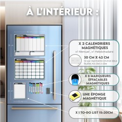 Calendrier Magnetique Frigo Blanc x3 + Accessoires - Planificateur Hebdomadaire + Mensuel + Mémo Aimanté Tableau Magnétique Plan