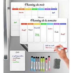 Calendrier Magnetique Frigo Blanc x3 + Accessoires - Planificateur Hebdomadaire + Mensuel + Mémo Aimanté Planning Semaine Tablea