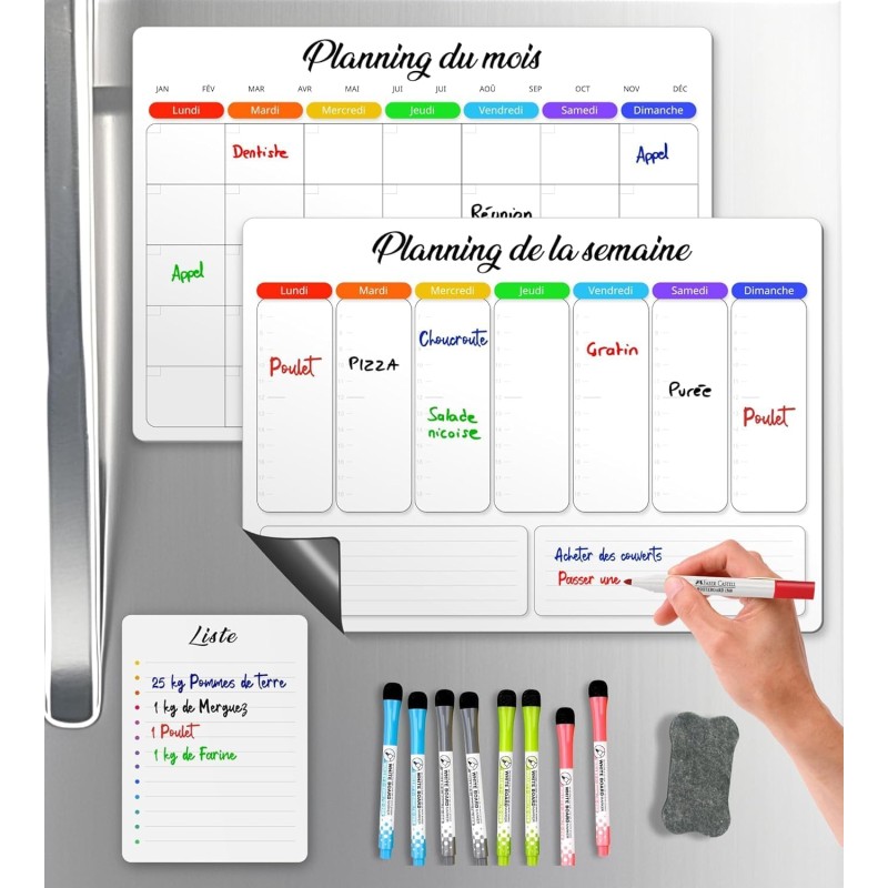 Calendrier Magnetique Frigo Blanc x3 + Accessoires - Planificateur Hebdomadaire + Mensuel + Mémo Aimanté Planning Semaine Tablea