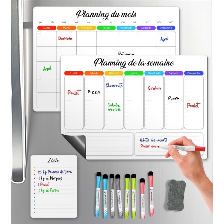 Calendrier Magnetique Frigo Blanc x3 + Accessoires - Planificateur Hebdomadaire + Mensuel + Mémo Aimanté Planning Semaine Tablea