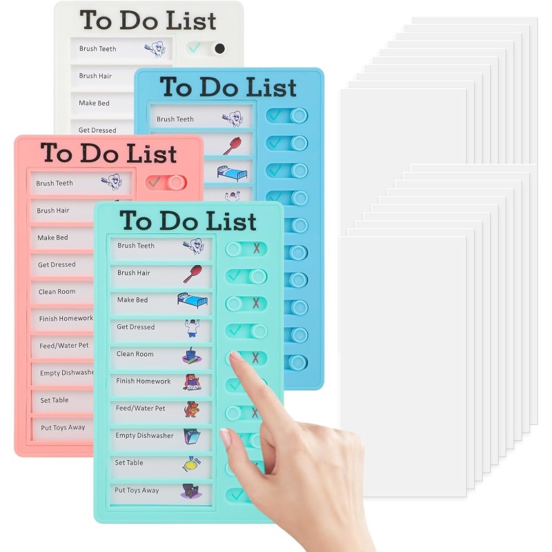 To Do List pour Enfants – Lot de 4 Planchettes de Planification 20x12 cm avec 20 Fiches Réutilisables, Tableau Routine Enfant de