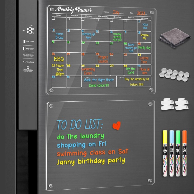 Lot de 2 Calendrier Magnétique Frigo, 40 x 30cm Planificateurs Magnétiques et Mémo, Tableau Transparent Effaçable à Sec en Acryl