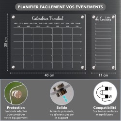 Calendrier Magnetique Frigo Transparent, tableau mensuel, to do list,mémo, organisateur, avec accessoires (Blanc)