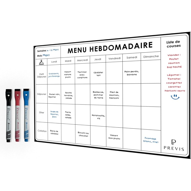 PREVIS Planificateur de Menus A4 (21x29cm) Inclus 3 Marqueurs Magnétiques de Couleur- Menu Semaine Frigo Magnetique - Tableau Ma