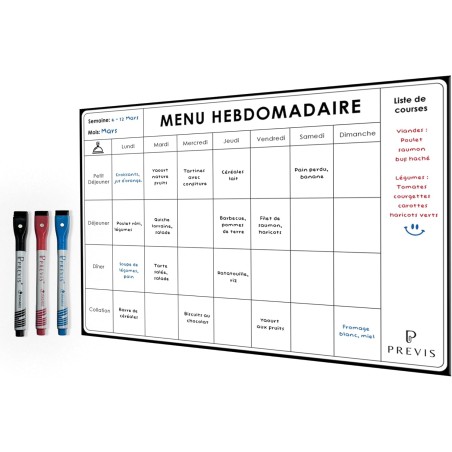 PREVIS Planificateur de Menus A4 (21x29cm) Inclus 3 Marqueurs Magnétiques de Couleur- Menu Semaine Frigo Magnetique - Tableau Ma