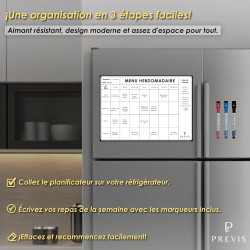 PREVIS Planificateur de Menus A4 (21x29cm) Inclus 3 Marqueurs Magnétiques de Couleur- Menu Semaine Frigo Magnetique - Tableau Ma