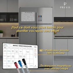PREVIS Planificateur de Menus A4 (21x29cm) Inclus 3 Marqueurs Magnétiques de Couleur- Menu Semaine Frigo Magnetique - Tableau Ma