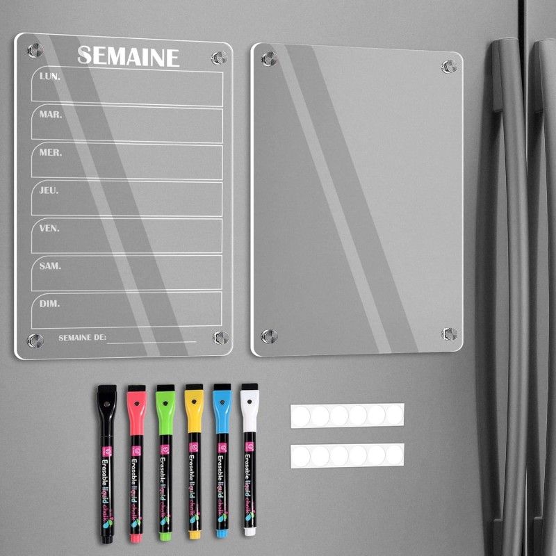 Lot de 2 Calendrier Magnetique Frigo(Avec Marqueurs 6 couleurs) - Acrylique Tableau Magnetique Frigo - Planning Semaine - 30x20 