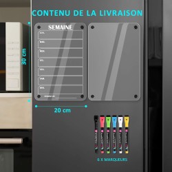 Lot de 2 Calendrier Magnetique Frigo(Avec Marqueurs 6 couleurs) - Acrylique Tableau Magnetique Frigo - Planning Semaine - 30x20 