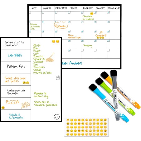 SB PACK Calendrier Magnétique Mensuel Pour Frigo A4 + Tableau Magnetique Hebdomadaire A4 + 4 Marqueurs Premium + 55 Stikers Aléa