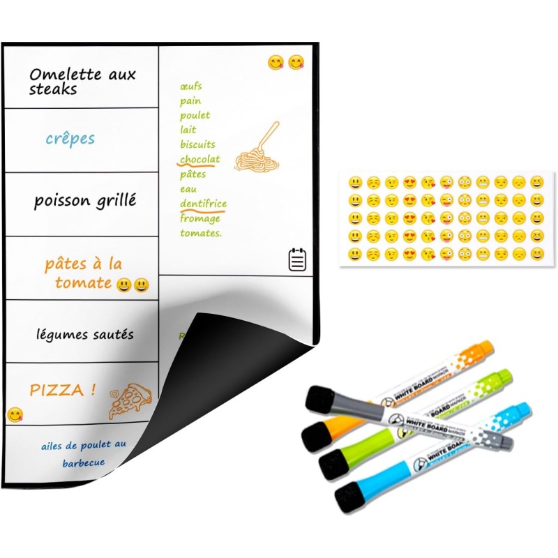 SB Tableau Magnetique Frigo Hebdomadaire A4 30X21CM + 4 Marqueurs Premium + 55 Stikers Aléatoires | Planning Frigo Magnetique po