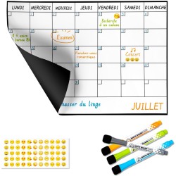 SB Calendrier Mensuel Magnétique Pour Frigo A3 42X30CM + 4 Marqueurs Premium + 55 Stikers Aléatoires | Tableau Magnetique Frigo 