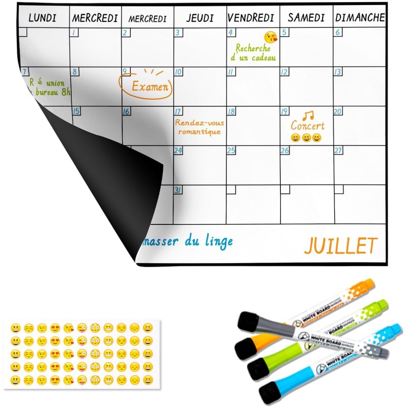SB Calendrier Mensuel Magnétique Pour Frigo A4 30X21CM + 4 Marqueurs Premium + 55 Stikers Aléatoires | Tableau Magnetique Frigo 