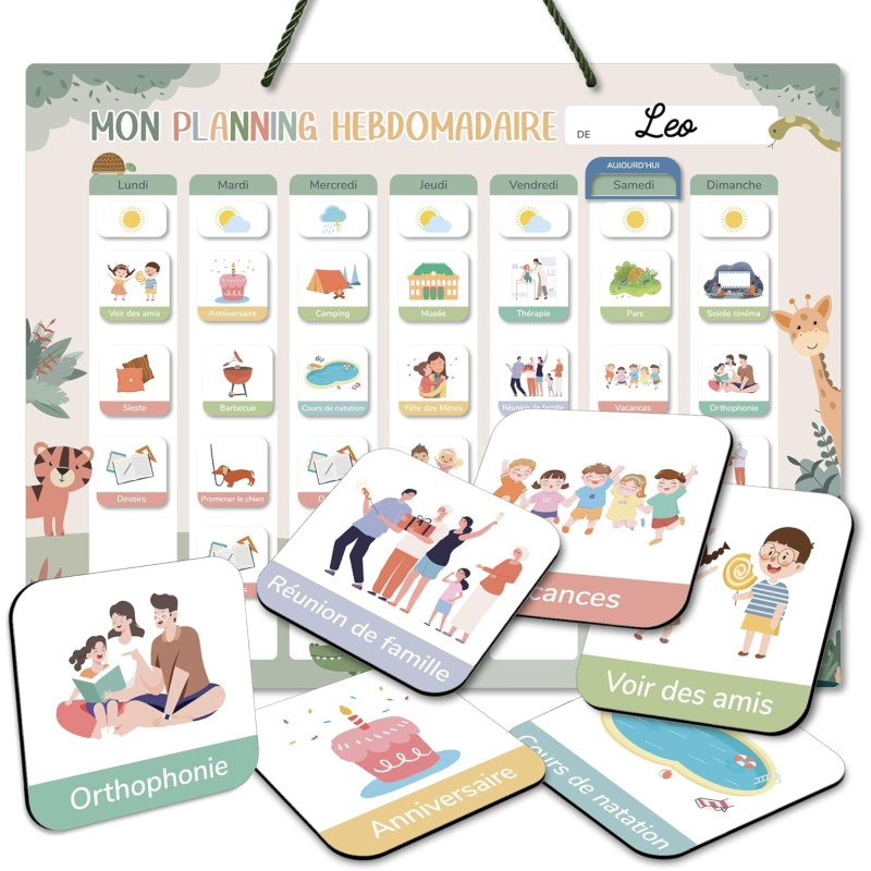 Planning de semaine pour enfants - 42×32 cm Calendrier enfant éducatif Montessori avec 177 aimants & cordelette - Tableau routin