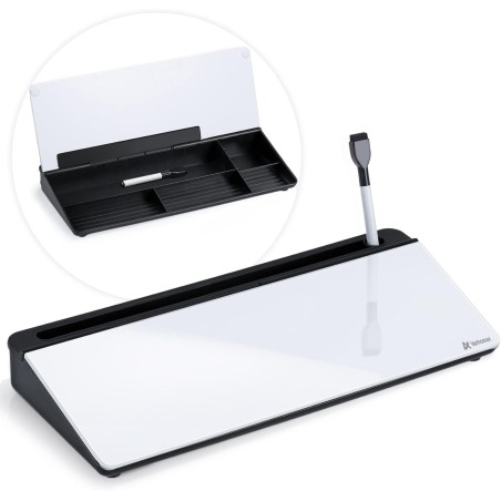 Varhomax Tableau blanc de bureau en verre avec rangement, organiseur de bureau, liste de tâches, bloc-notes, bloc-notes, tableau