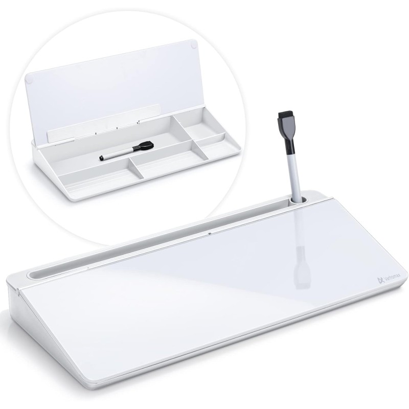 Varhomax Tableau blanc de bureau en verre avec rangement, tableau blanc effaçable à sec, liste de tâches, support de clavier pou
