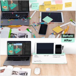 Varhomax Tableau blanc de bureau en verre avec rangement, tableau blanc effaçable à sec, liste de choses à faire, support de cla