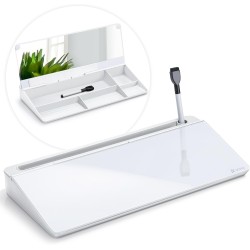 Varhomax Tableau blanc de bureau en verre avec miroir intégré, organiseur de bureau effaçable à sec avec rangement, bloc-notes p