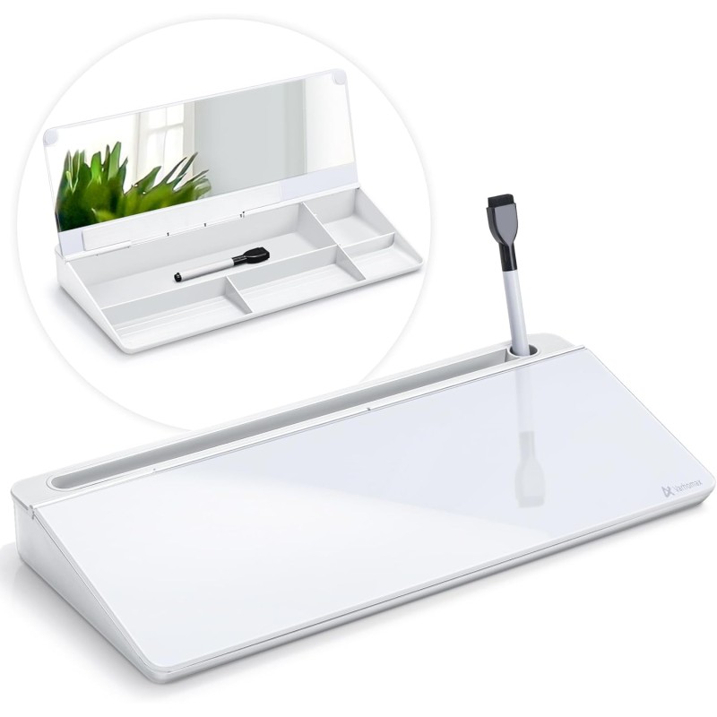 Varhomax Tableau blanc de bureau en verre avec miroir intégré, organiseur de bureau effaçable à sec avec rangement, bloc-notes p