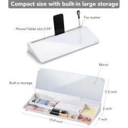 Varhomax Tableau blanc de bureau en verre avec miroir intégré, organiseur de bureau effaçable à sec avec rangement, bloc-notes p