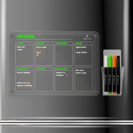 PREVIS BRAND Planning Frigo Magnetique Hebdomadaire Plexiglass Transparent A4(21X30CM) avec 4 Marqueurs Premium - Tableau Planne