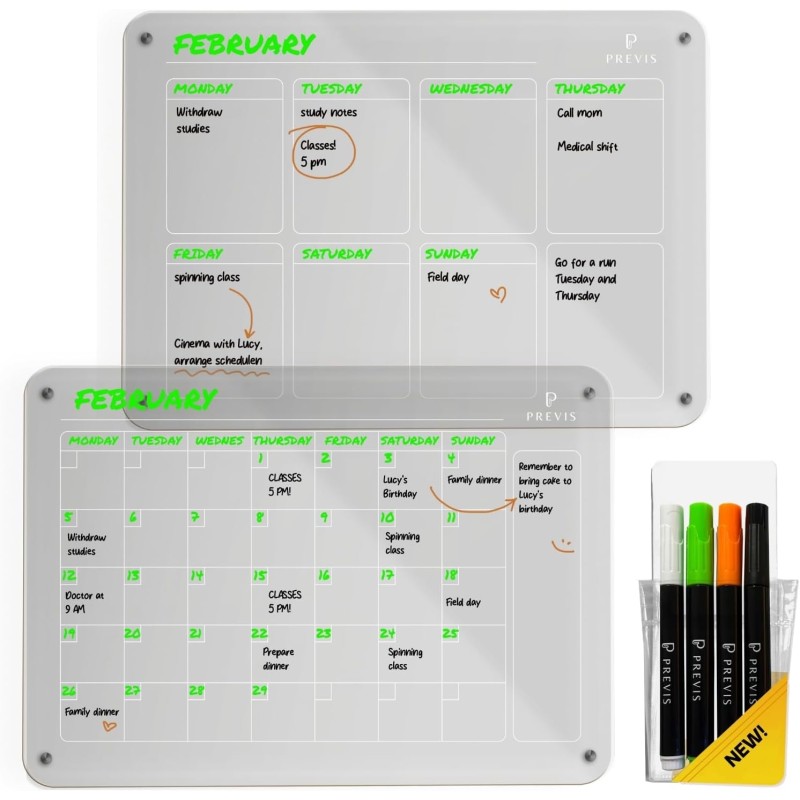 PREVIS BRAND 2X Calendrier Magnetique Frigo Transparent (Mensuel+Hebdomadaire) A4(21X30CM) avec 4 Marqueurs Premium -2 Tableau P