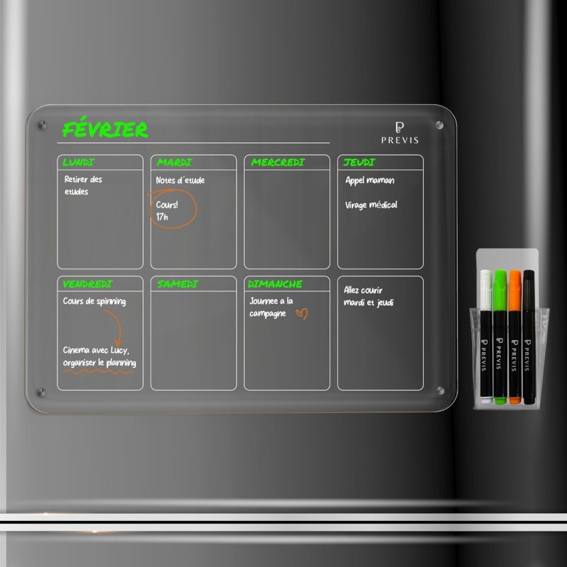 PREVIS BRAND Planning Frigo Magnetique Hebdomadaire Plexiglass Transparent A3(30X40CM) avec 4 Marqueurs Premium - Tableau Planne