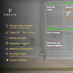 PREVIS BRAND Planning Frigo Magnetique Hebdomadaire Plexiglass Transparent A3(30X40CM) avec 4 Marqueurs Premium - Tableau Planne
