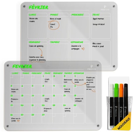 PREVIS BRAND 2X Calendrier Magnetique Frigo Transparent (Mensuel+Hebdomadaire) A3(30X40CM) avec 4 Marqueurs Premium -2 Tableau P