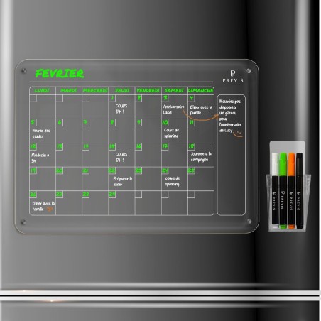 PREVIS BRAND Calendrier Acrylique Mensuel Magnetique Frigo Transparent A3 (30X40CM) avec 4 Marqueurs Premium - Tableau Planner F