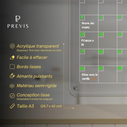 PREVIS BRAND Calendrier Acrylique Mensuel Magnetique Frigo Transparent A3 (30X40CM) avec 4 Marqueurs Premium - Tableau Planner F