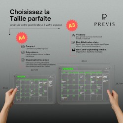 PREVIS BRAND Calendrier Acrylique Mensuel Magnetique Frigo Transparent A3 (30X40CM) avec 4 Marqueurs Premium - Tableau Planner F