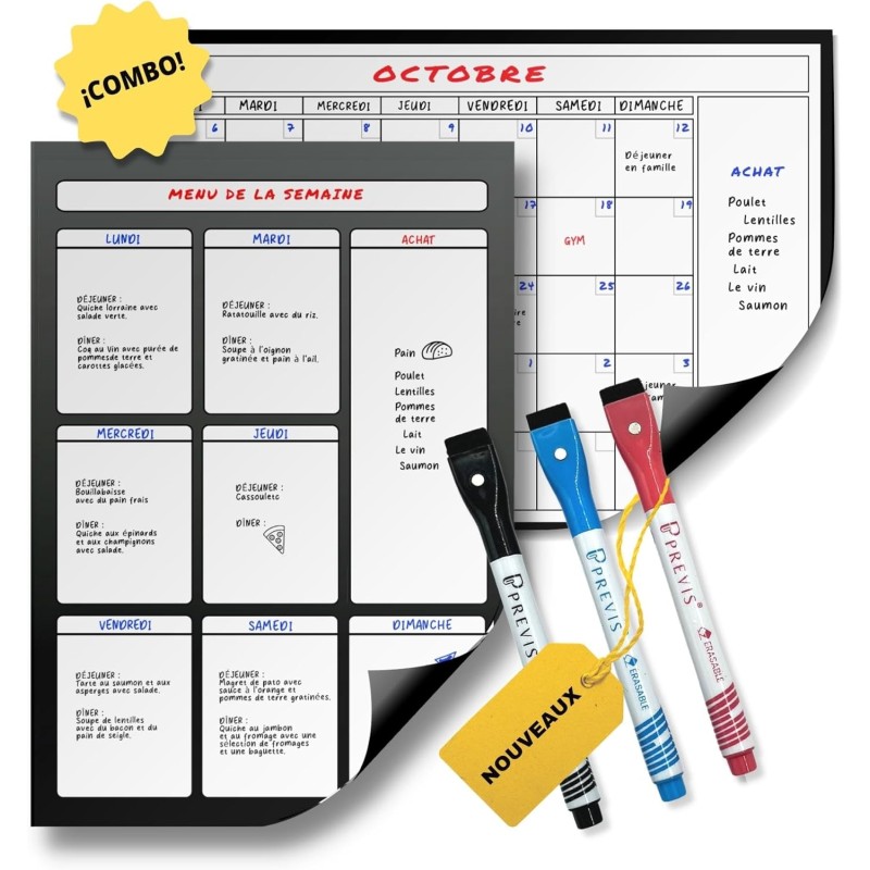 Previs Pack Calendrier Magnétique Mensuel A4 + Agenda Magnétique Hebdomadaire A4 pour Réfrigérateur - Organisateur - Agenda, Men