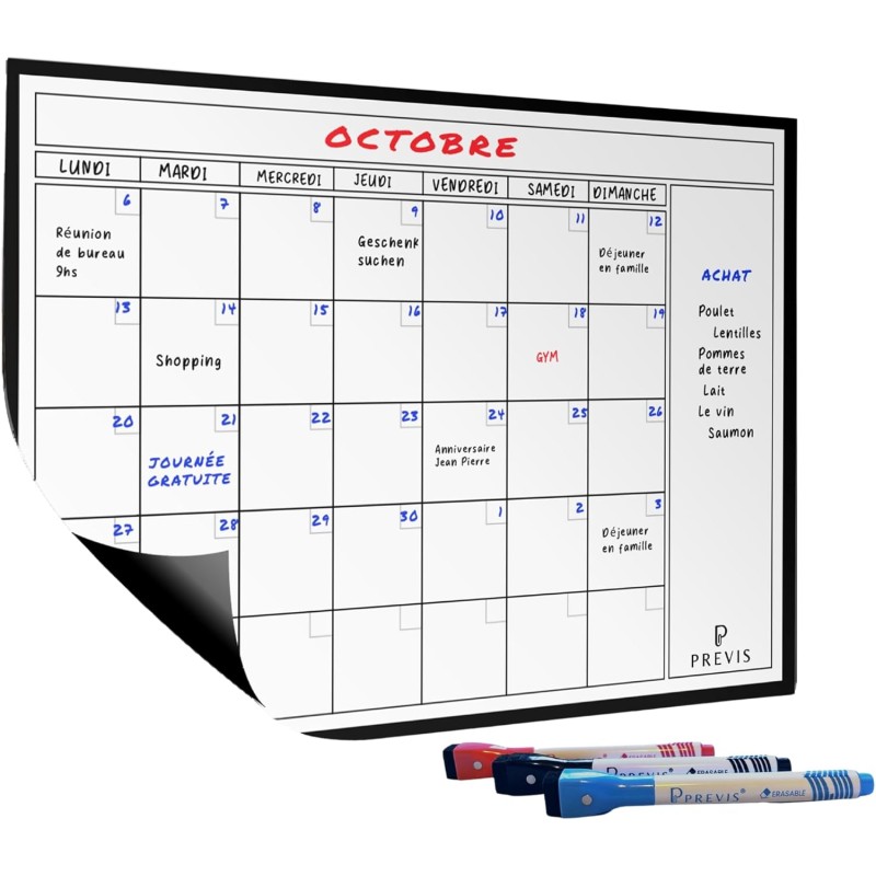 Previs Calendrier Magnetique Frigo A4 (21X29CM) avec 3 Marqueurs Premium- Planning Frigo Magnetique - Magnet Organisateur Famili