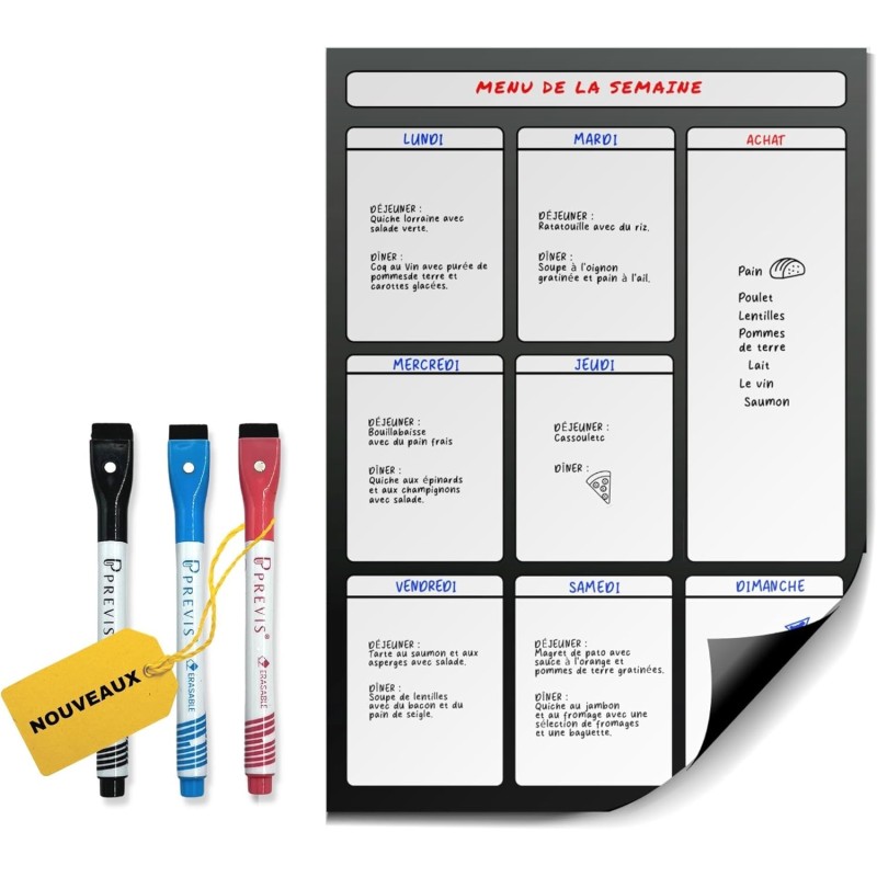 Previs Planning Frigo Magnetique Hebdomadaire A3 (30X40CM) avec 3 Marqueurs Premium - Idéal pour les listes de courses et l'orga