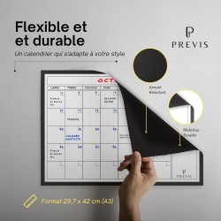 Previs Calendrier Magnetique Frigo A3 (30X40CM) avec 3 Marqueurs Premium- Planning Magnetique - Magnet Frigo Organisateur Famili