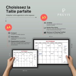 Previs Calendrier Magnetique Frigo A3 (30X40CM) avec 3 Marqueurs Premium- Planning Magnetique - Magnet Frigo Organisateur Famili