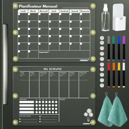 2 Pack Calendrier Frigo Transparent Magnetique en Français, 42 x 30 cm Acrylique Calendrier Magnetique Planner Frigo et Planning