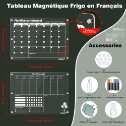 2 Pack Calendrier Frigo Transparent Magnetique en Français, 42 x 30 cm Acrylique Calendrier Magnetique Planner Frigo et Planning