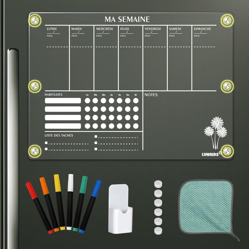 Tableau Transparent Frigo Effacable en Français, 42 x 30 cm Acrylique Tableau Planning Semaine Magnetique Calendrier Frigo Trans