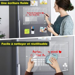 Tableau Transparent Frigo Effacable en Français, 42 x 30 cm Acrylique Tableau Planning Semaine Magnetique Calendrier Frigo Trans