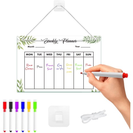 Planificateur Semainer Effaçable,Agenda Hebdomadaire à Suspendre, avec 6 Marqueurs, Transparent, 30 × 20 Cm, Adapté à Une Utilis