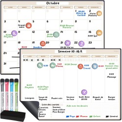 Calendrier Magnétique pour Frigo A3 – Planning Mensuel et Hebdomadaire Effaçable – 42 Stickers Événements, 4 Marqueurs, 1 Gomme 
