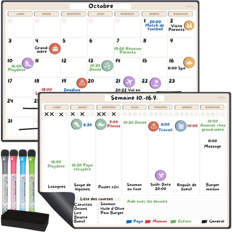 Calendrier Magnétique pour Frigo A3 – Planning Mensuel et Hebdomadaire Effaçable – 42 Stickers Événements, 4 Marqueurs, 1 Gomme 