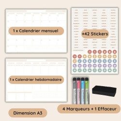 Calendrier Magnétique pour Frigo A3 – Planning Mensuel et Hebdomadaire Effaçable – 42 Stickers Événements, 4 Marqueurs, 1 Gomme 